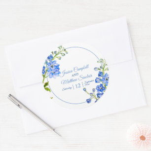 Sticker Rond Fleurs de Delphinium bleu aquarelle art mariage