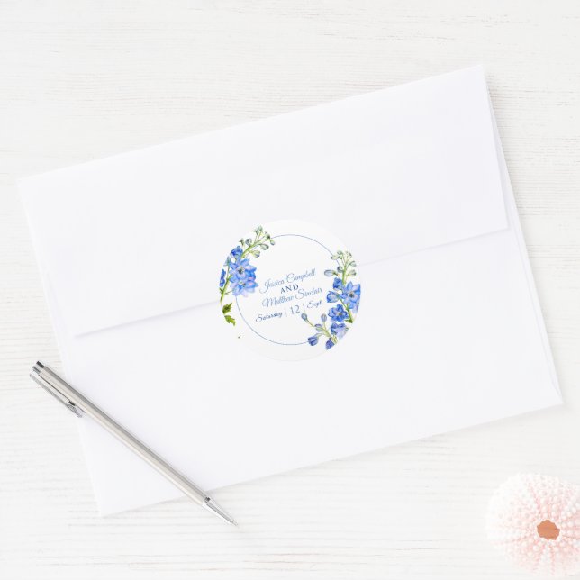 Sticker Rond Fleurs de Delphinium bleu aquarelle art mariage (Enveloppe)