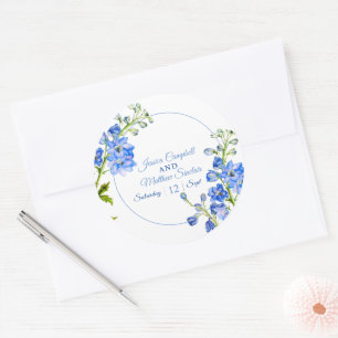 Sticker Rond Fleurs de delphinium bleu art aquarelle mariage
