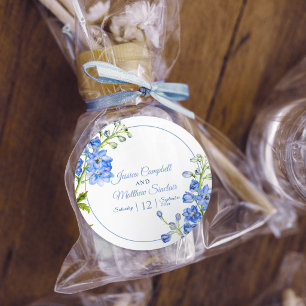 Sticker Rond Fleurs de delphinium bleu art aquarelle mariage
