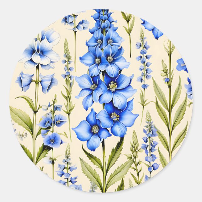 Sticker Rond Fleurs de Delphinium Bleu Botanique (Devant)