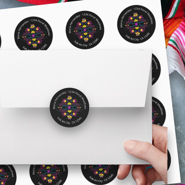 Sticker Rond Fleurs de fête mexicaine Fiesta Adresse noire (Return address label envelope seals from my Mexican Fiesta Party Quinceanera Collection 
)