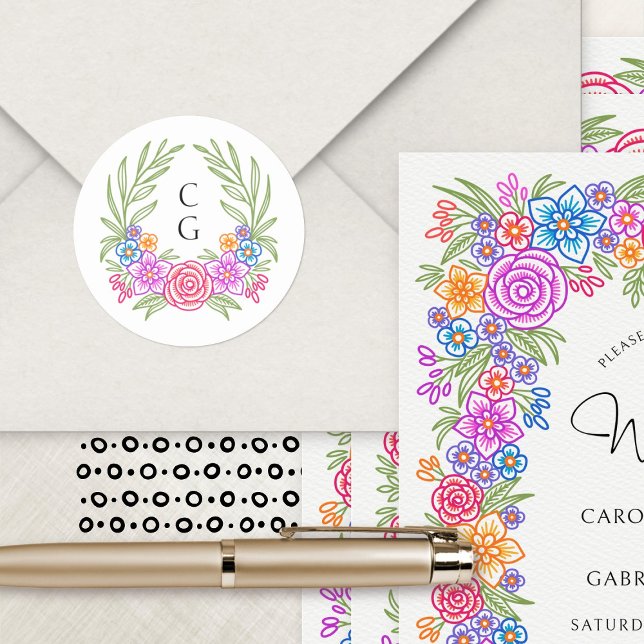 Sticker Rond Fleurs de Fiesta Mariage mexicain (Créateur téléchargé)