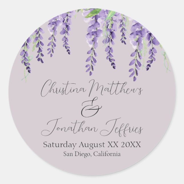 Sticker Rond Fleurs de glycine violette sur Lavender Elegant (Devant)