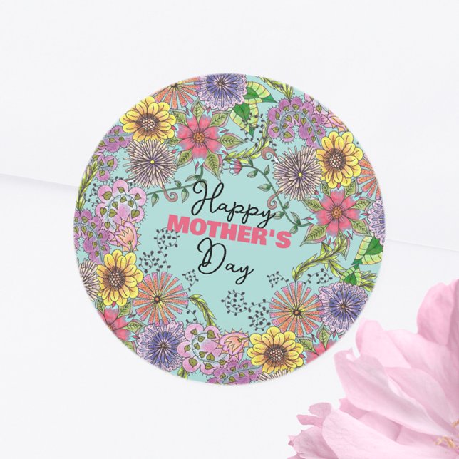 Sticker Rond Fleurs de gribouillis détaillées et vibrantes Fête (Créateur téléchargé)