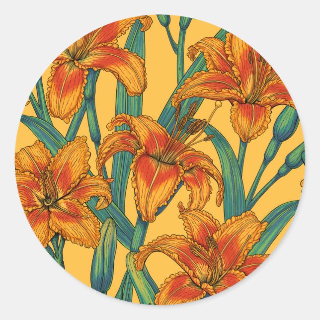 Sticker Rond Fleurs de jour tawny, bleu et jaune (Devant)