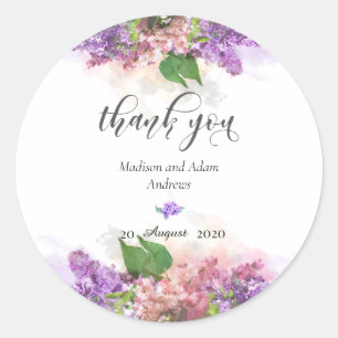 Sticker Rond Fleurs de lilas aquarelle rose et violettes Merci