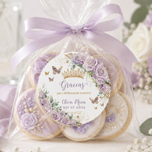 Sticker Rond Fleurs de lilas violet papillons Quinceañera 15 16