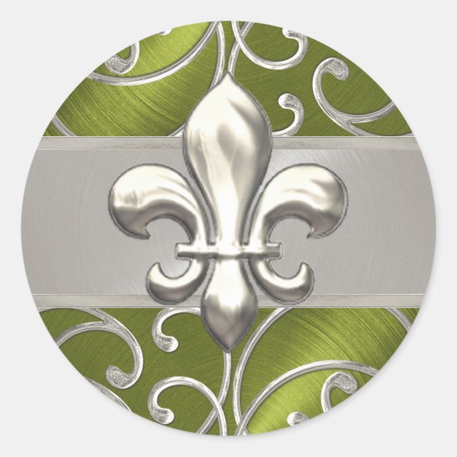Sticker Rond Fleurs de Lis en Filigre Verte et Argent (Devant)