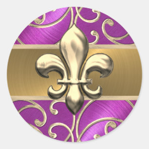 Sticker Rond Fleurs de Lis fleur de Magenta et de Filigree or