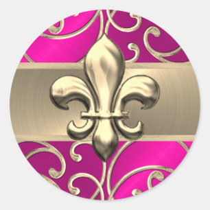 Sticker Rond Fleurs de Lis roses chaudes et de Filigree or