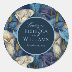 Sticker Rond Fleurs de Lys calla bleu élégant Mariage Rétro