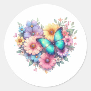 Sticker Rond Fleurs de marguerite avec un beau papillon