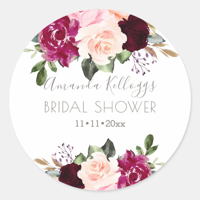 Sticker Rond Fleurs de mariage aquarelle bordeaux rose (Devant)