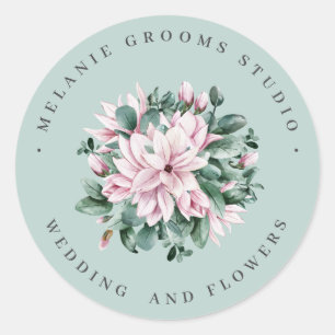 Sticker Rond Fleurs de mariage vert sauge magnolia et eucalyptu