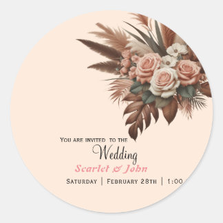Sticker Rond Fleurs de mariage vintage rose herbe de la pampa