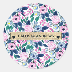 Sticker Rond Fleurs de marine rose douce Aquarelle or Monogramm