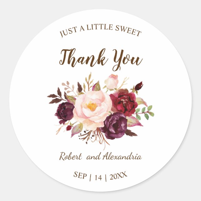 Sticker Rond Fleurs de Marsala Douce Treat Mariage Merci (Devant)