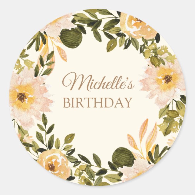 Sticker Rond Fleurs de naissance nom crème jaune (Devant)
