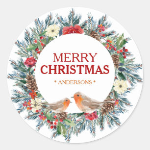 Sticker Rond Fleurs de Noël couronne Robin Birds