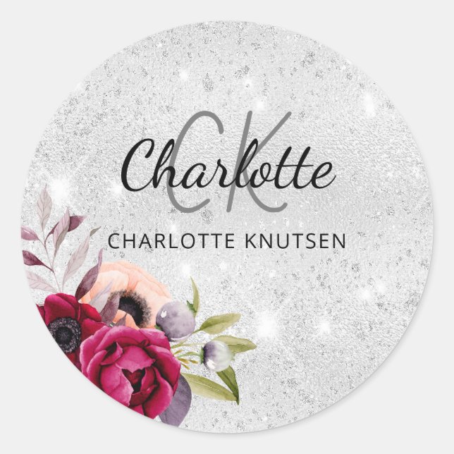 Sticker Rond Fleurs de paillettes argentées monogramme nom bord (Devant)