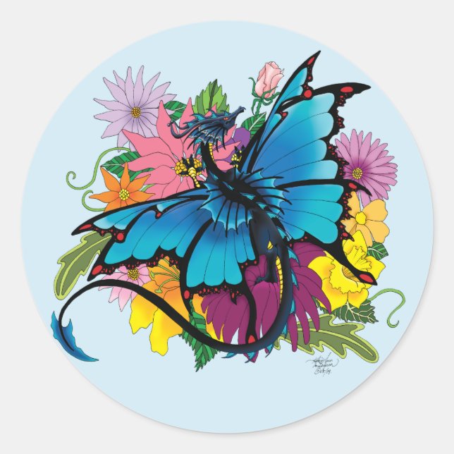 Sticker Rond Fleurs de papillon bleu Dragon (Devant)