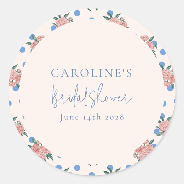 Sticker Rond Fleurs de Pivoine Rétro à Points Bleus Mariage Per (Devant)