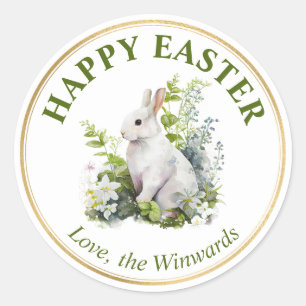 Sticker Rond Fleurs de printemps à l'aquarelle et lapin Joyeuse