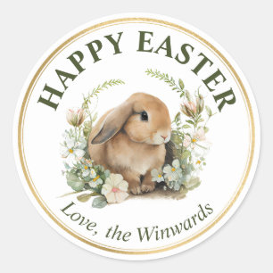 Sticker Rond Fleurs de printemps à l'aquarelle et lapin Joyeuse