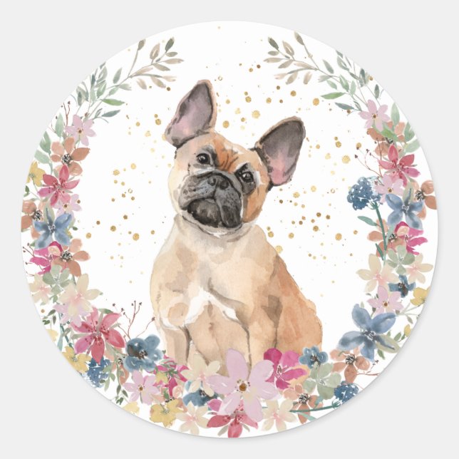 Sticker Rond Fleurs de printemps de Bulldog français Wreath (Devant)
