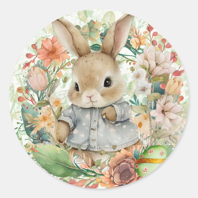 Sticker Rond Fleurs de printemps de lapin de Pâques mignonnes (Devant)