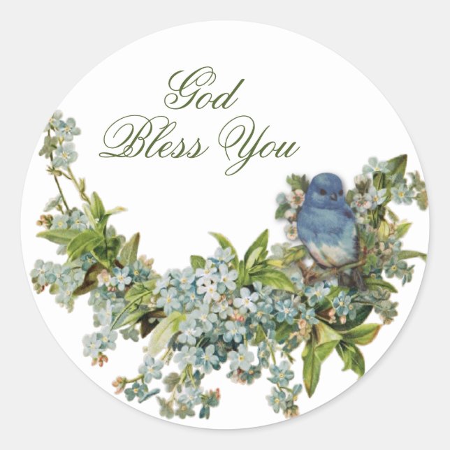 Sticker Rond Fleurs de printemps Oiseau Religieux Dieu Vous Bén (Devant)