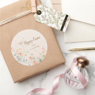 Sticker Rond Fleurs de Printemps Pastel Joyeuses Pâques