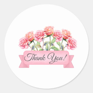 Sticker Rond Fleurs de rose avec bannière florale Merci