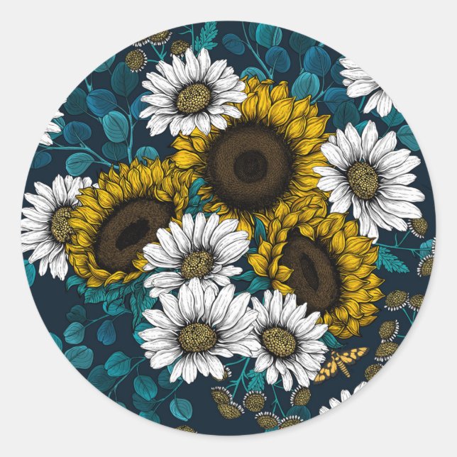 Sticker Rond Fleurs de soleil et marguerites, jardin d'été 2 (Devant)