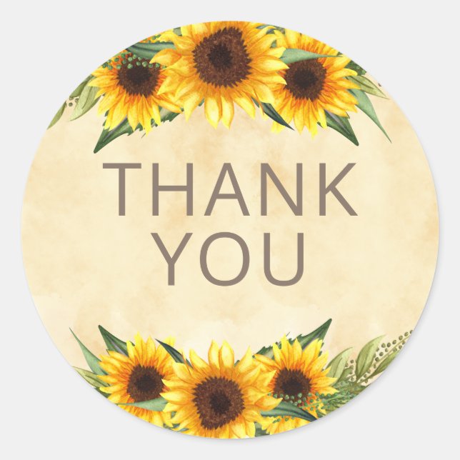 Sticker Rond Fleurs de soleil Jaune Rustique Merci personnalisé (Devant)