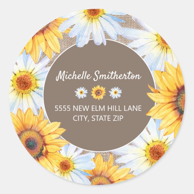 Sticker Rond Fleurs de soleil jaunes Faisceaux blancs Burlap Ad (Devant)