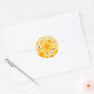 Sticker Rond Fleurs de soleil rétro - Modèle floral jaune