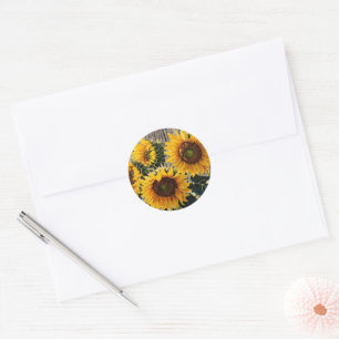 Sticker Rond Fleurs de soleil rustiques sur carton imprimé"
