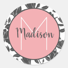 Sticker Rond Fleurs de tulipe florales Monogramme rose pastel 