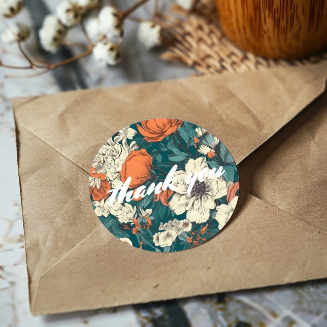 Sticker Rond Fleurs d'été merci (Pretty flower thank-you sticker featuring a delicate and colorful floral design)