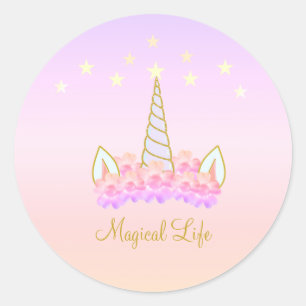 Sticker Rond Fleurs d'étoiles de licorne