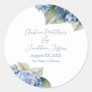 Sticker Rond Fleurs d'hortensia à l'aquarelle bleu romantique
