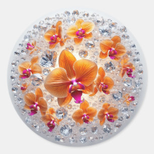 Sticker Rond Fleurs d'orchidées enchâssées dans des cristaux