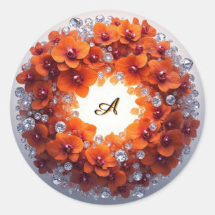 Sticker Rond Fleurs d'orchidées enchâssées dans des cristaux
