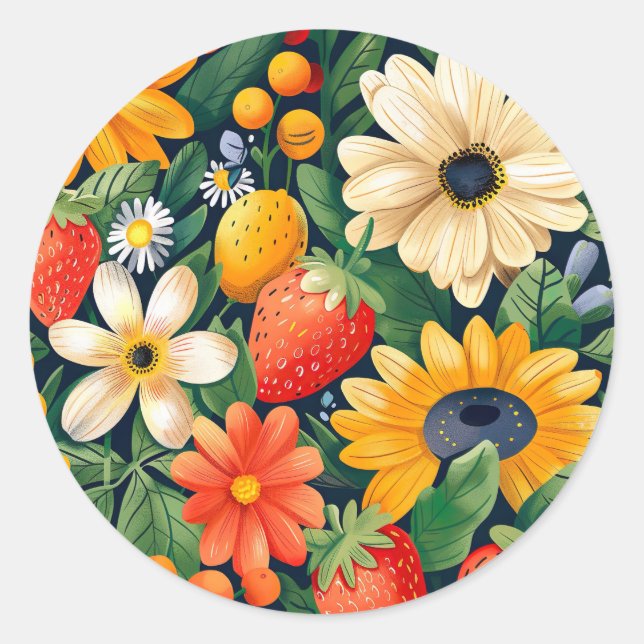 Sticker Rond Fleurs du jardin d'été Motif de fraises (Devant)