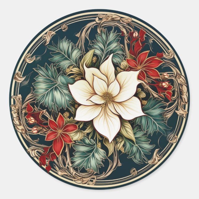 Sticker Rond Fleurs élégantes de Poinsettia d'hiver (Devant)