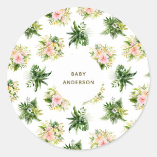 Sticker Rond Fleurs et feuilles tropicales Jungle Baby Shower