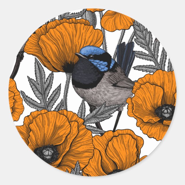 Sticker Rond Fleurs et fleurs de pavot orangé 2 (Devant)