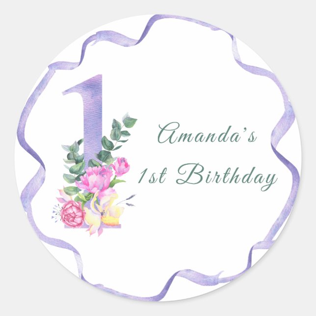 Sticker Rond Fleurs et ruban Fête du premier anniversaire (Devant)